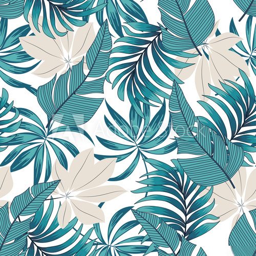 Fototapeta Abstract seamless tropical pattern with bright plants and leaves on a delicate background. 
Seamless exotic pattern with tropical plants. Beautiful seamless vector floral pattern.