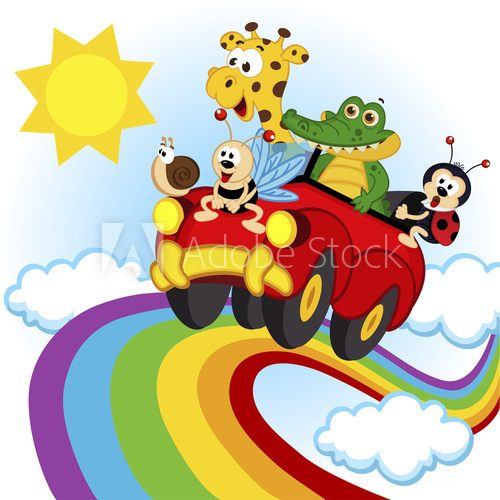 Fototapeta animals traveling by car over the rainbow - vector, eps