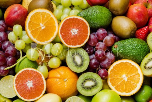 Fototapeta Arrangement ripe fruits and vegetables for eating healthy
