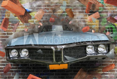 Fototapeta Background color of street graffiti on a brick wall