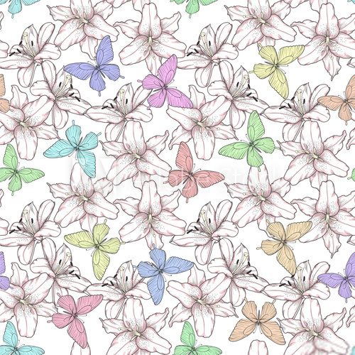 Fototapeta Beautiful seamless pattern with lilies flowers and multicolored butterflies. Hand-drawn contour lines.