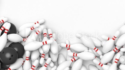 Fototapeta Bowling pins and balls randomly fallen. Isolated on white with copy-space.