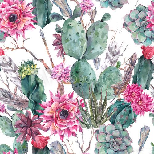 Fototapeta Cactus watercolor seamless pattern in boho style.