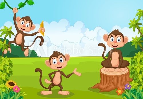 Fototapeta Cartoon illustration monkey playing in the forest