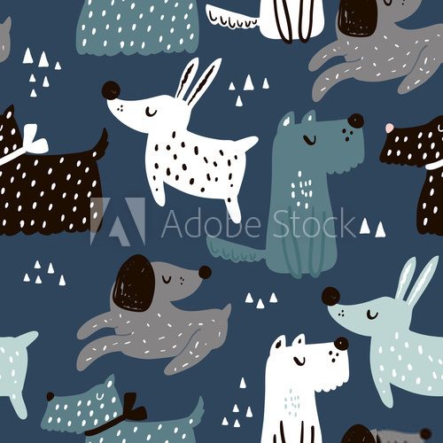 Fototapeta Childish seamless pattern with hand drawn dogs. Trendy scandinavian vector background. Perfect for kids apparel,fabric, textile, nursery decoration,wrapping paper