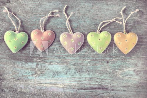 Fototapeta Cute heart on wood table - vintage pastel effect