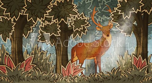 Fototapeta Deer in forest cartoon style vector illustration