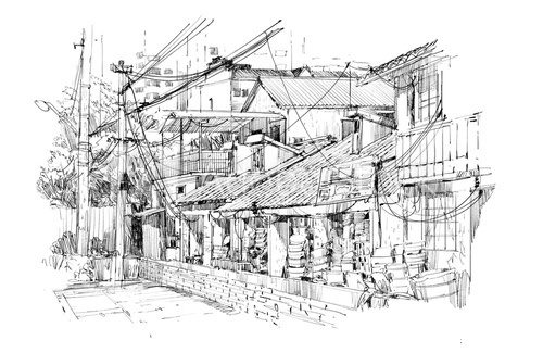 Fototapeta freehand sketch of old buildings in China