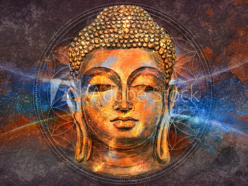 Fototapeta head of Lord Buddha digital art collage combined with watercolor