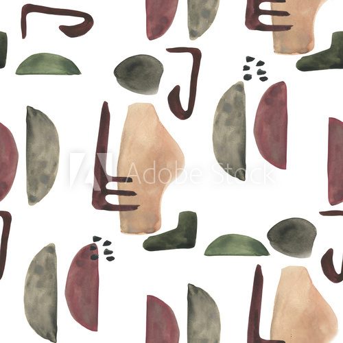 Fototapeta Modern seamless pattern with watercolor and geometric elements on white background. Abstract nordic print. Scandinavian style. Hand drawn illustration