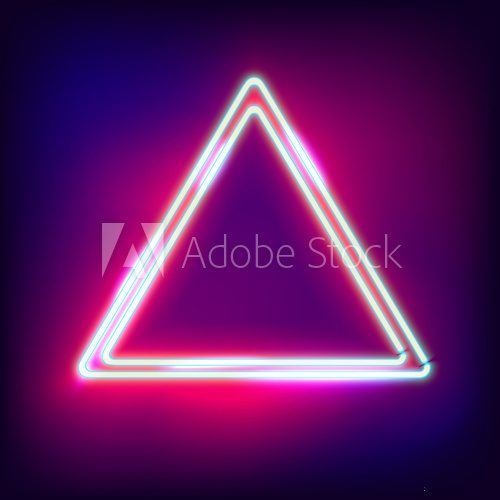 Fototapeta Neon abstract triangle. Glowing frame. Vintage electric symbol. Burning a pointer to a black wall in a club, bar or cafe. Design element for your ad, sign, poster, banner. illustration