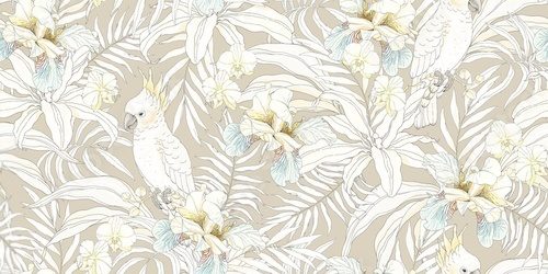 Fototapeta Parrot Cockatoo with flowers Orchid, Fleur de lis and leaves. Vector seamless pattern, tropical illustration in vintage style on beige background.