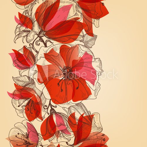 Fototapeta Red flowers seamless pattern in retro style