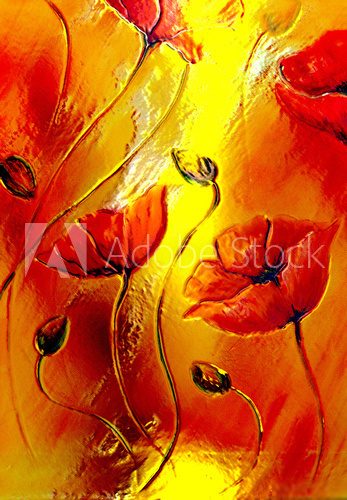 Fototapeta Red poppy on orange background. Red poppies. Red flower on abstract color background