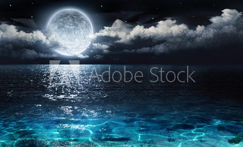 Fototapeta romantic and scenic panorama with full moon on sea to night