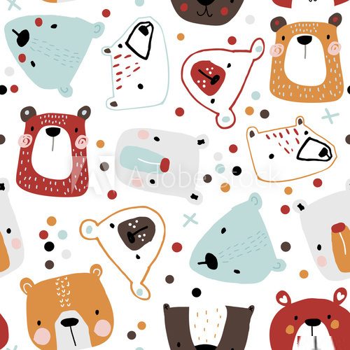 Fototapeta Seamless childish pattern with cute bear faces. Creative kids hand drawn texture for fabric, wrapping, textile, wallpaper, apparel. Vector illustration