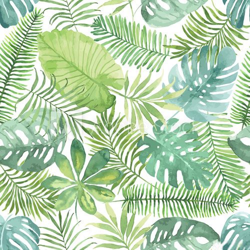 Fototapeta Tropical seamless pattern with leaves. Watercolor background with tropical leaves.