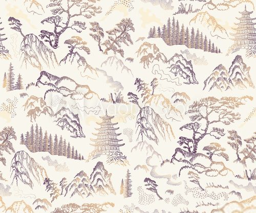 Fototapeta Vector seamless pattern of hand drawn sketches in Japanese and Chinese nature ink illustration sumi-e tradition. Textured fir pine tree, pagoda temple, mountain, river, pond, rock on a beige backgroun