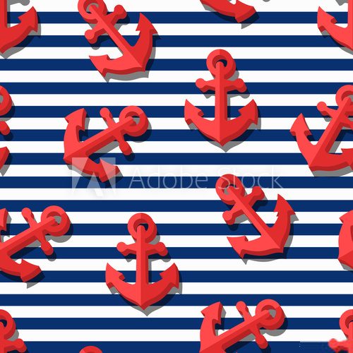 Fototapeta Vector seamless pattern with 3d stylized red anchors and blue navy stripes. Summer marine striped background.  Design for fashion textile print, wrapping paper, web background. Anchor flat symbol. 