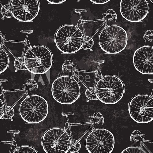 Fototapeta Vintage Bicycles Seamless Pattern on Black Grunge Background