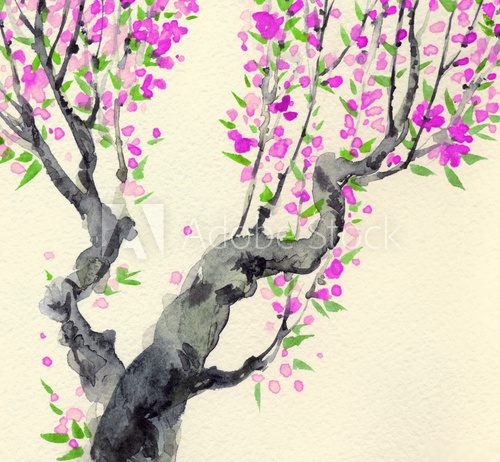 Fototapeta Watercolor landscape in Chinese style. Red flowers on tree