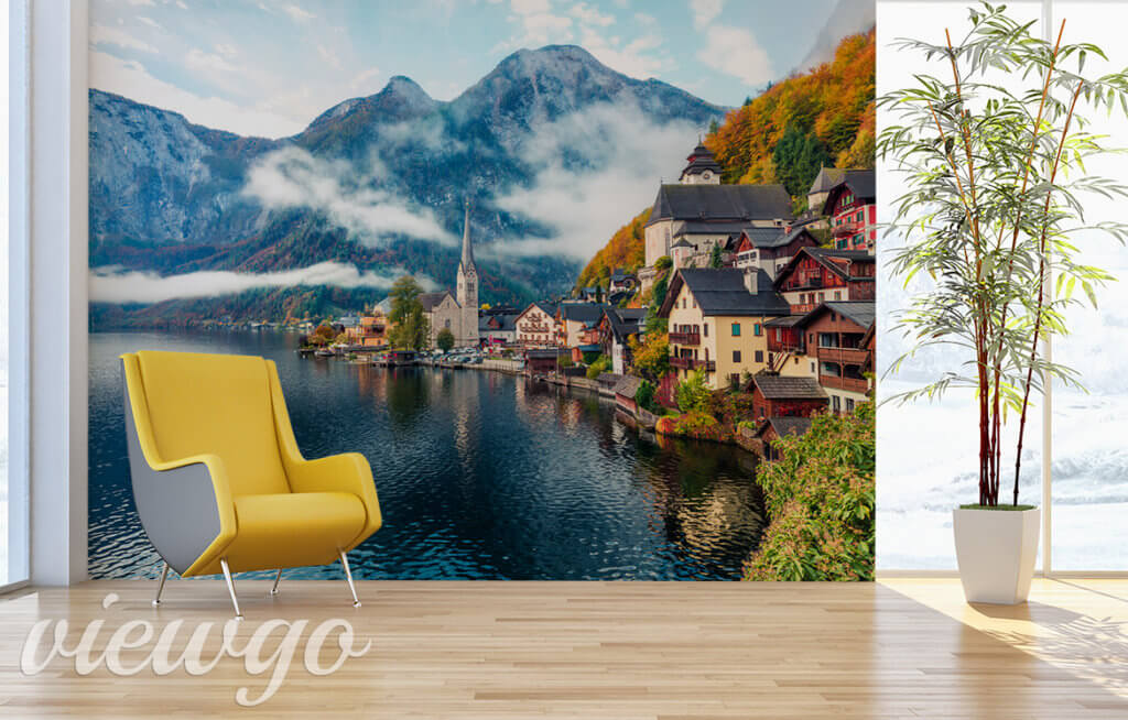 Fototapeta - Mglisty jesienny widok na jezioro Hallstatt - Fototapety z krajobrazami