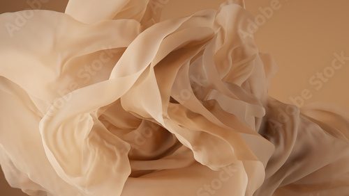 Fototapeta 3d render, abstract beige background with delicate vintage waving veil, floating drapery, crumpled silky textile, wavy fashion wallpaper with cloth macro
