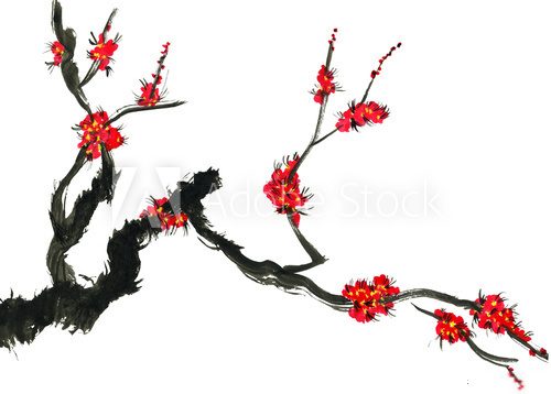 Fototapeta A branch of a blossoming tree. Pink flowers of sakura . Watercolor and ink illustration in style sumi-e, u-sin. Oriental traditional painting.  Isolated on white background.