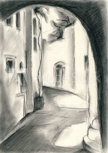 Fototapeta A small village in Cyclades islands, Greece - Charcoal drawing