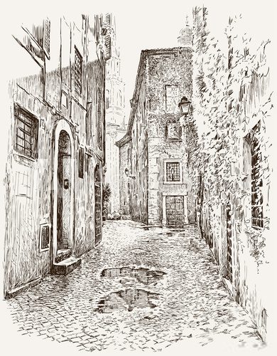 Fototapeta A small village in Cyclades islands, Greece - Charcoal drawing