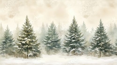 Fototapeta A watercolor painting of a winter forest, evergreen trees covered in light snow, a soft, hazy atmosphere with a pale beige sky