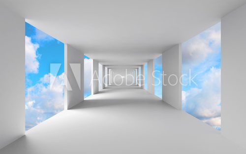 Fototapeta Abstract 3d architecture, empty white corridor with sky