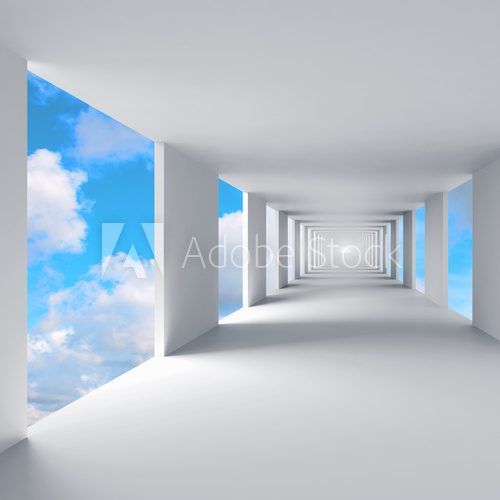 Fototapeta Abstract 3d architecture, empty white corridor with sky