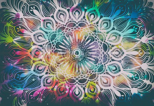 Fototapeta Abstract ancient geometric with star field and colorful galaxy background, watercolor digital art painting and mandala graphic design