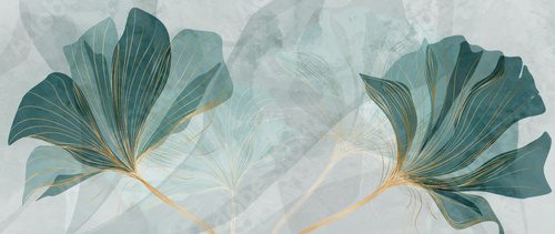 Fototapeta Abstract art background with blue flowers in gold line. Botanical floral banner in a watercolor style for the design of invitations, wallpapers, packaging, decor, print, textile.