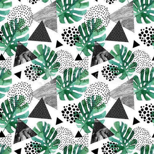 Fototapeta Abstract background with watercolor tropical leaves and textured triangles