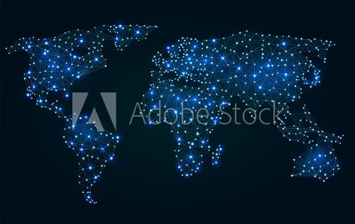 Fototapeta Abstract polygonal world map with hot points, network connections  