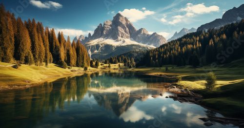 Fototapeta Aerial view of Lago Antorno, Dolomites, Lake mountain landscape with Alps peak , Misurina, Cortina d'Ampezzo, Italy