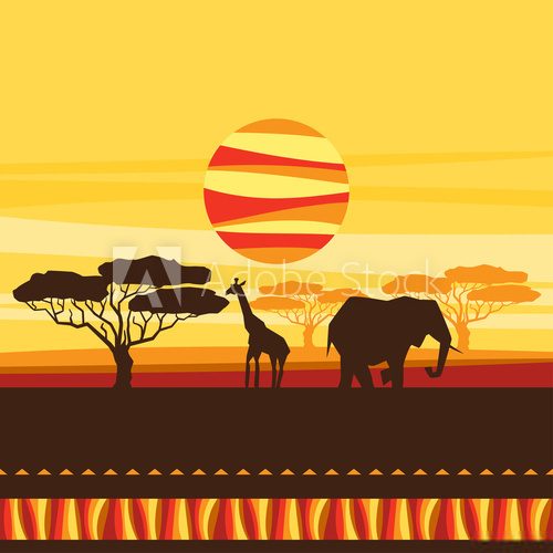 Fototapeta African ethnic background with illustration of savanna.