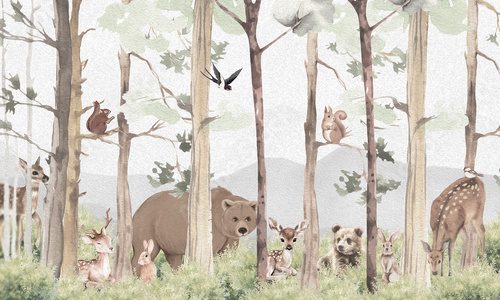 Fototapeta Aged Wildlife Wall Mural: Faded Brown Bear, Deer, Trees & Abstract Forest Scene