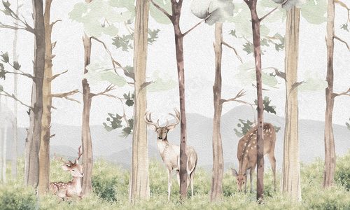 Fototapeta Aged Wildlife Wall Mural: Faded Brown Deer, Birds, Trees & Forest Background