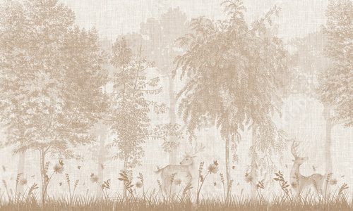 Fototapeta Aged Wildlife Wall Mural: Faded Sepia Deer, Trees & Abstract Forest Background