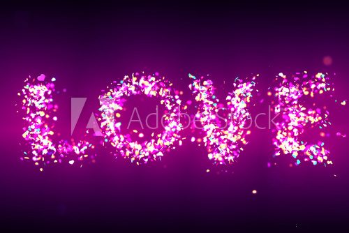 Fototapeta âloveâ formed by sparkling heart-shaped glitter in shades of pink and turquois in front of a purple background