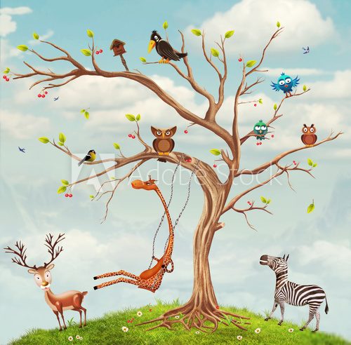 Fototapeta Animals and tree.Bunch of cute little creatures gathered on the branches of tree