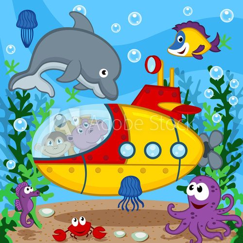 Fototapeta animals on submarine - vector  illustration, eps