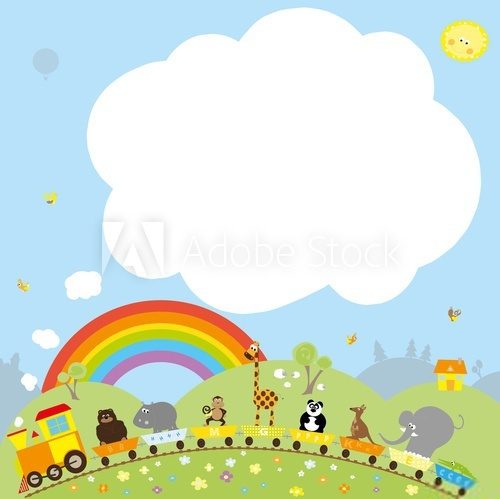 Fototapeta Animals train and the rainbow on colorful background with space for text