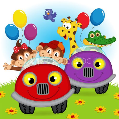 Fototapeta animals traveling in cars - vector illustration, eps