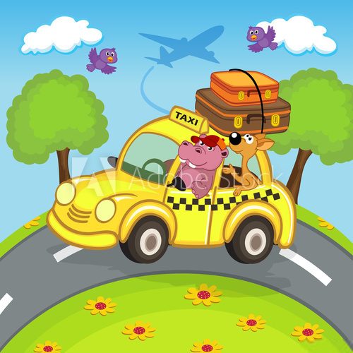 Fototapeta animals traveling in taxi - vector illustration, eps