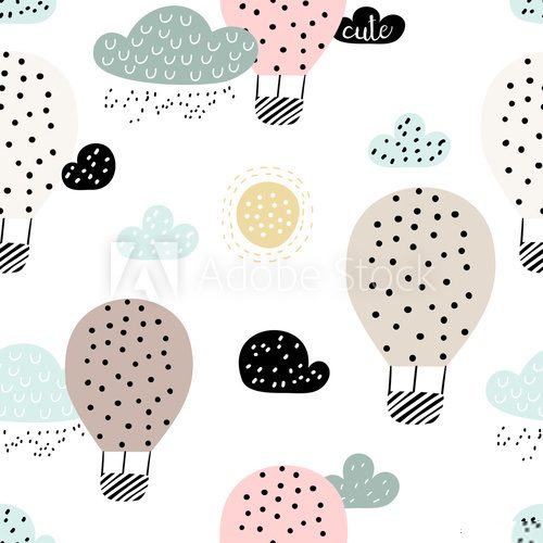 Fototapeta Baby seamless pattern with hot air ballon in the sky. Perfect for fabric, textile, wrapping. Cute cartoon background. Scandinavian style.
