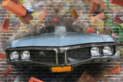 Fototapeta Background color of street graffiti on a brick wall
